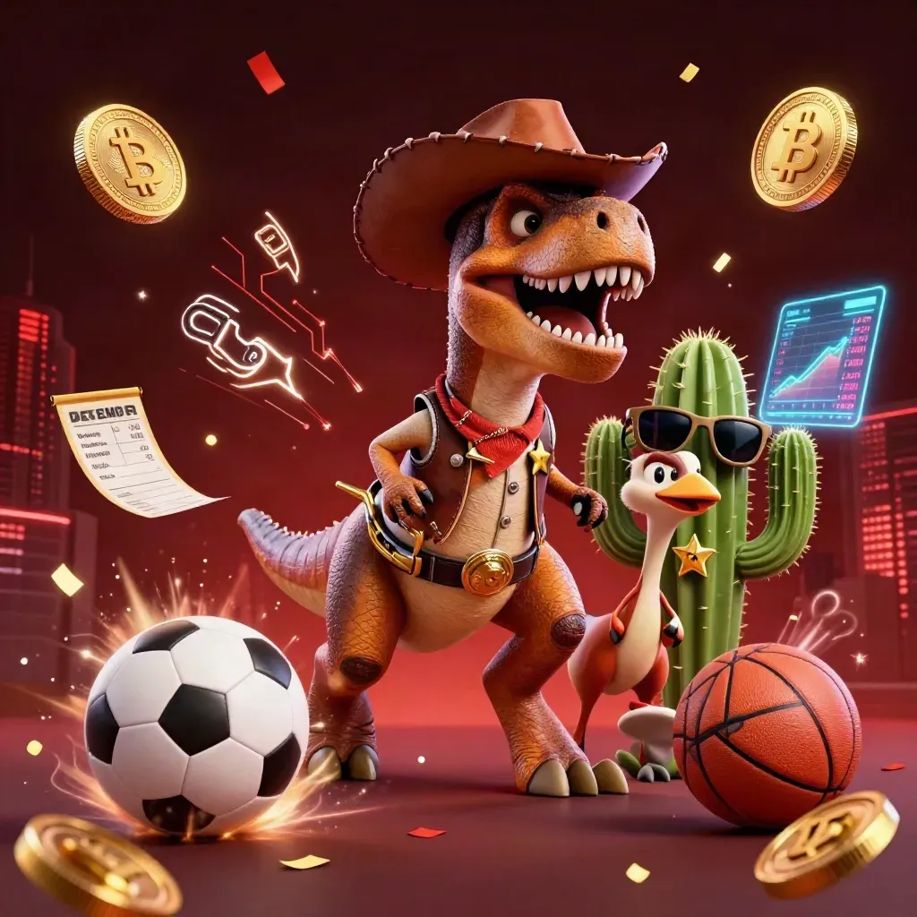 Cowboy T-Rex, cactus, and roadrunner amid sports balls, crypto coins, and neon casino effects.