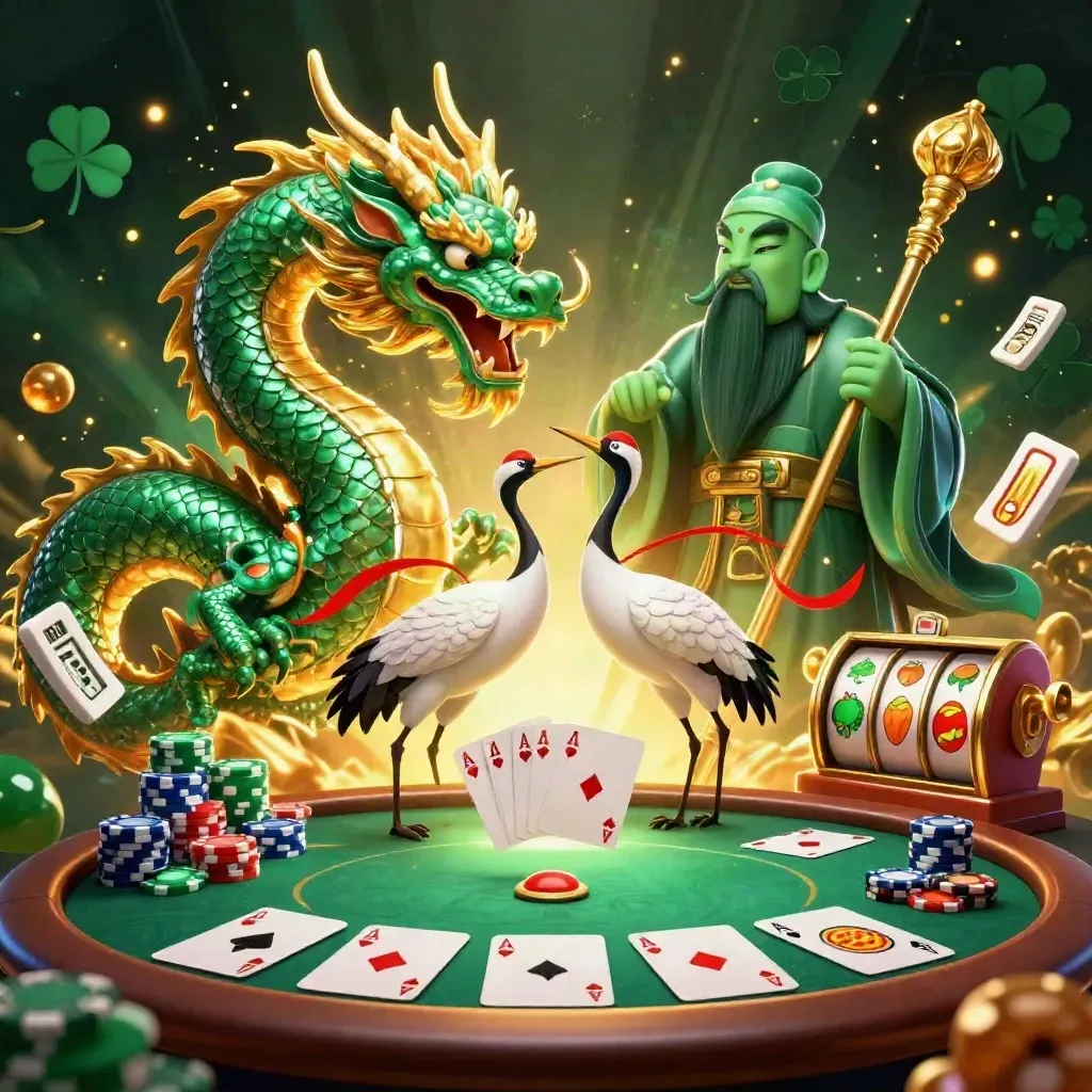 Emerald dragon, turtle sage, and cranes amid casino chips, cards, and golden magic.