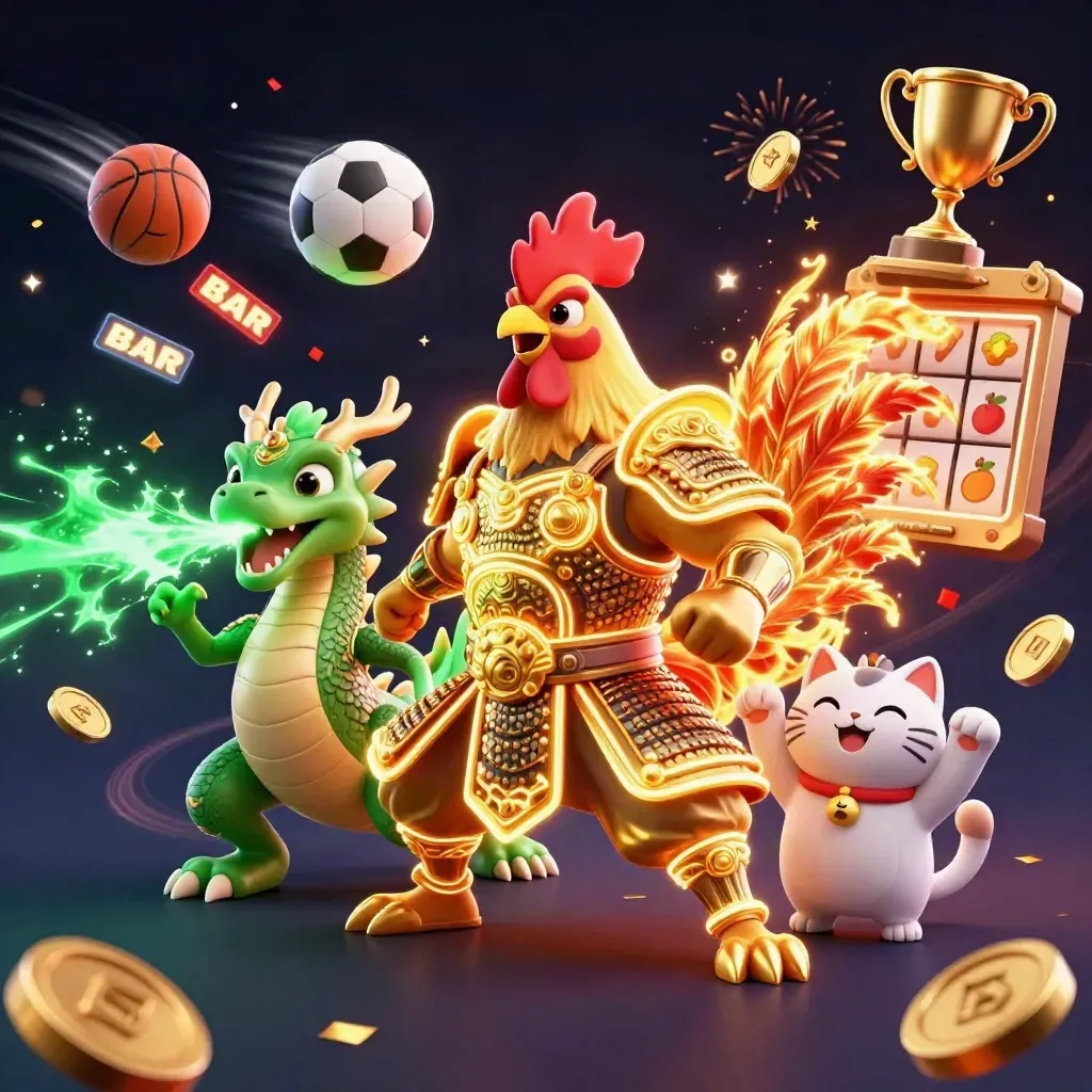 Rooster samurai, spark-breathing dragon hatchling and cheering fortune cat amid casino treasure bursts.