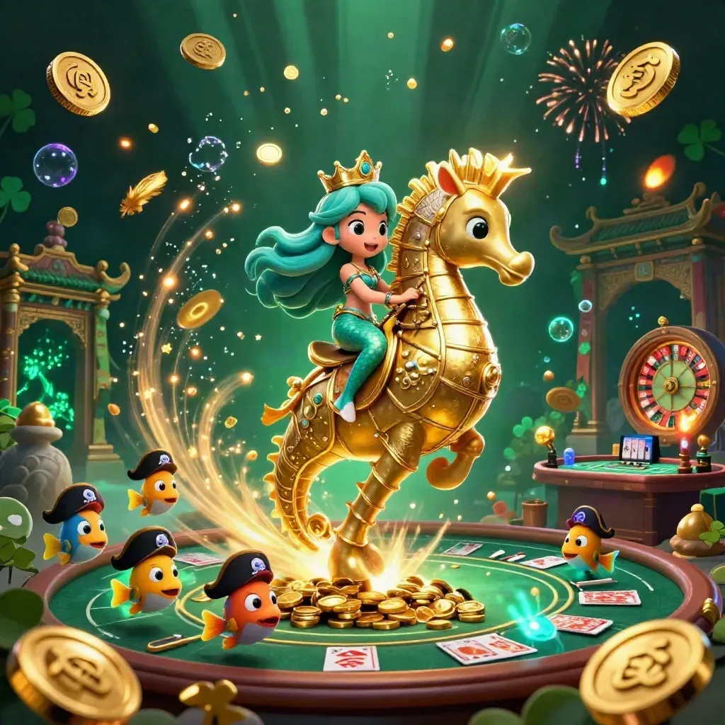 Mermaid princess on golden seahorse amid casino treasure, roulette spin, and underwater fireworks.