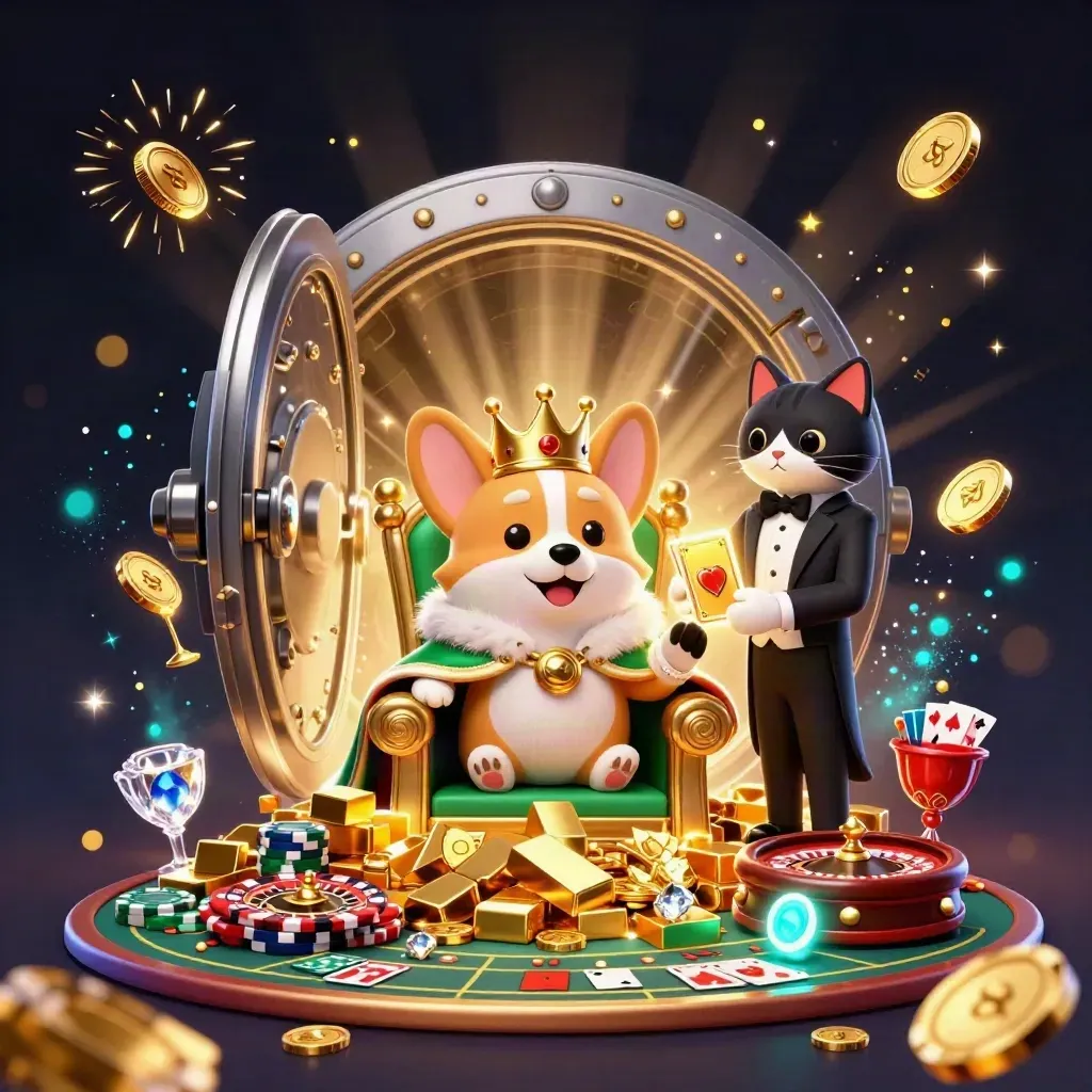 Royal corgi and cat butler burst from a vault amid gold, gems, cards and casino lights.